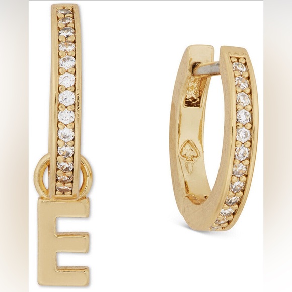 Kate Spade GOLD TONE “E” INITIAL MISMATCH HUGGIE HOOP EARRINGS